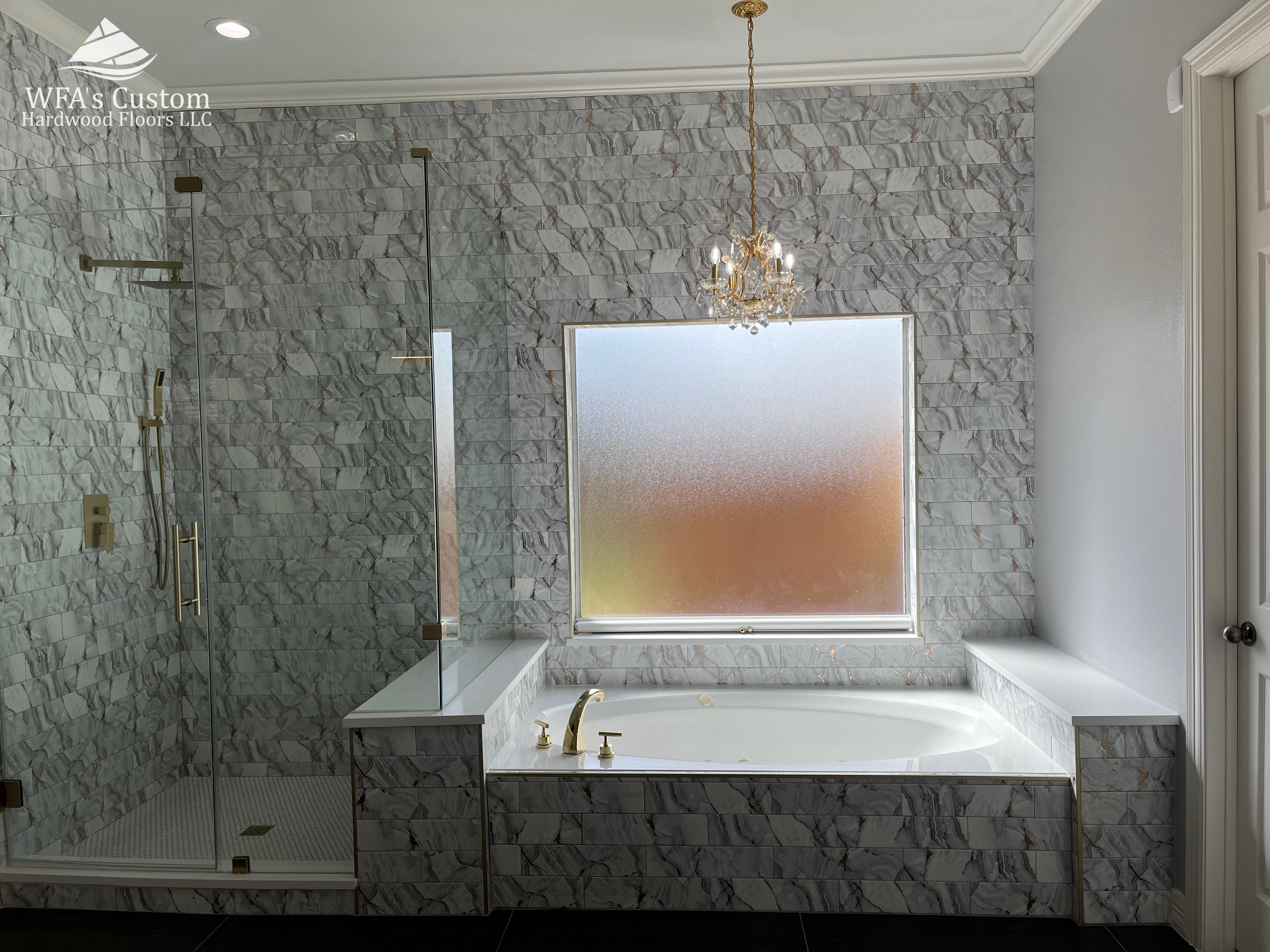 shower, wall, and tub tile installation with custom shower glass, wfa's custom hardwood floors, houston texas